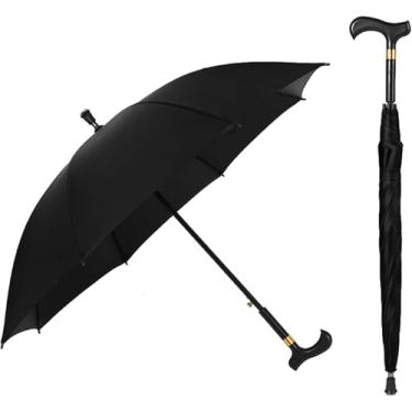 Imagem de Guarda-chuva De Bengala 2 Em 1, Guarda-chuva De Muleta De Bengalas, à Prova De Vento, Presente Ideal Para Pais, Escalada, Caminhada, Convivência Na Chuva, Black, One Size