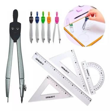 Imagem de Kit Geométrico Régua, Transferidor, 2 Esquadros + Compasso