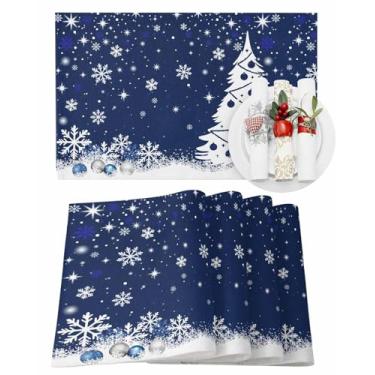 Imagem de Jogo americano de Natal azul marinho conjunto de 4 bolas de Natal brancas com flocos de neve para mesa de jantar, tapete de mesa de cozinha de poliéster lavável para decoração de casa