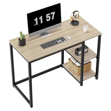 Imagem de SINPAID Mesa de computador de 101,6 cm com prateleiras de 2 camadas, mesa de escritório em casa resistente com grande espaço de armazenamento, mesa de jogos, mesa de estudo, notebook, carvalho