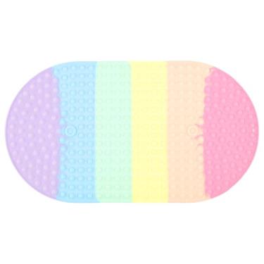 Imagem de KHZSPP Tapete de banho antiderrapante, 68 x 38 cm, formato oval, tapete de chuveiro colorido com ventosas e bolhas, tapete de banheira antiderrapante de silicone para banheiro
