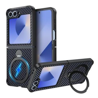 Imagem de Capa magnética para Samsung Galaxy Z Flip6/Flip7 FE com suporte de anel, textura de fibra de carbono, proteção de grau militar, leve, proteção contra quedas, resistente à prova de choque, capa preta
