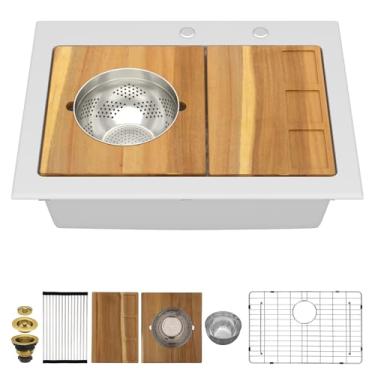 Imagem de Talllor Pia de cozinha composta de granito de 76 cm - Pia de cozinha de granito de 76 cm x 56 cm, estação de trabalho de quartzo branco com acessórios de luxo #TLGT-115