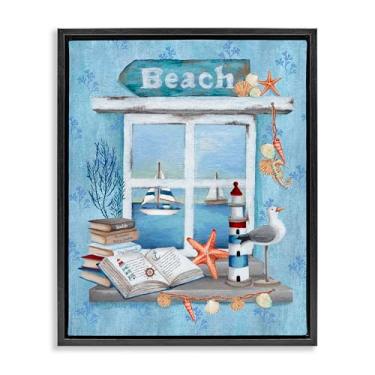 Imagem de Stupell Industries Beachy Coastal Window Sill Black Framed Floater Canvas Wall Art, design by Emma Leach, 21 x 17