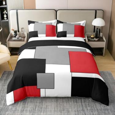 Imagem de Capa de edredom de algodão quadrado retrô, Queen, vermelho, branco e preto, capa de edredom de arte abstrata moderna, 3 peças (sem edredom), capa de edredom moderna geométrica, 2 fronhas