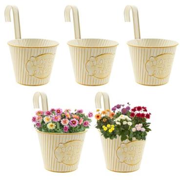 Imagem de DJAPWPX Pacote com 5 plantadores suspensos, trilhos de varanda de 9 cm, plantadores de cerca de balde de metal, vasos de flores pendurados para plantas ao ar livre, vasos de flores, trilhos, varanda e
