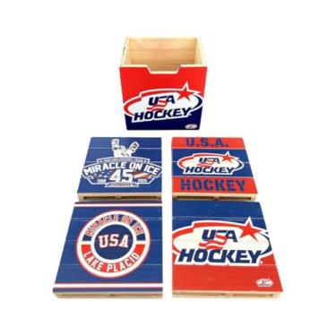 Imagem de Conjunto de porta-copos comemorativo de milagre no gelo em forma de palete de madeira, vermelho branco azul, coleção de recordações esportivas, edição de aniversário Lake Placid