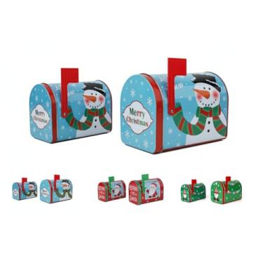 Imagem de DAHO Conjunto de 2 tamanhos de latas de caixa de correio decorativas de Natal/férias, Feliz Natal, Papai Noel, boneco de neve, designs de gnomo para artesanato, presentes, guloseimas, doces, biscoitos