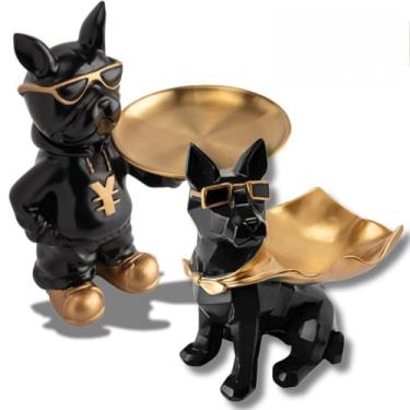 Imagem de Escultura Decorativa Enfeite Bulldog Cachorro Com Bandeja e Óculos Porta Taças Objeto Cofre Decoração(Kit 2 pçs (4095 + 4101))