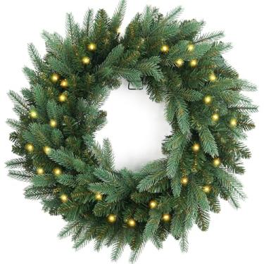 Imagem de Guirlanda de Natal 2 unidades pré-iluminadas de 61 cm com 50 pontas de folhagem de abeto de LED, guirlandas de Natal artificiais operadas por bateria para porta da frente com luzes, decoração de Natal