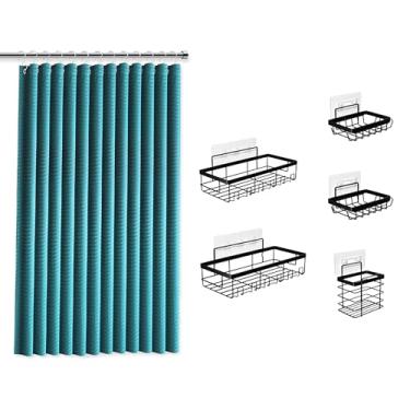 Imagem de Clara Clark Conjunto de cortina de chuveiro azul-petróleo com suporte de chuveiro preto pendurado - Cortinas de chuveiro de tecido e suportes de chuveiro de aço inoxidável, conjuntos de cortinas de