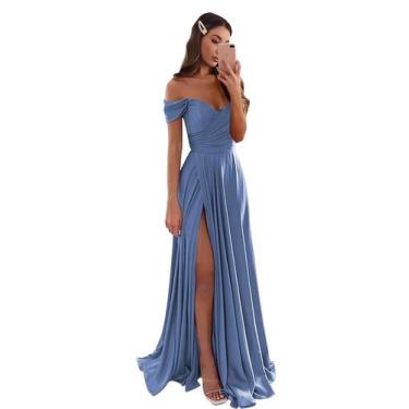 Imagem de Vestido de baile GODCUN Off Shoulder, cetim, evasê, longo, azul empoei