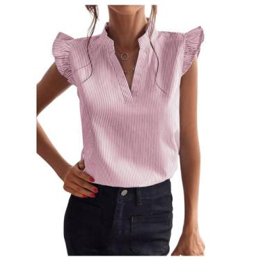 Imagem de Blusa WDIRARA feminina listrada com babados e decote em V