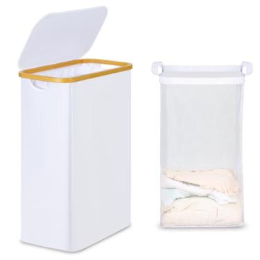 Imagem de efluky Cesto de roupa suja fino com tampa, cesto de roupa estreito com bolsa removível, cesta de roupas sujas skinny com alças de bambu para banheiro, quarto e lavanderia, branco 65L