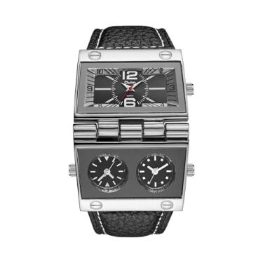 Imagem de Lancardo Relógio de quartzo grande exclusivo: Relógio de pulso masculino quadrado duplo fuso horário árabe pulseira de couro para aniversário fácil de ler