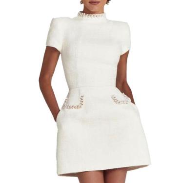 Imagem de Vestido DINGANG Tweed Mini vestido de manga curta evasê para mulheres