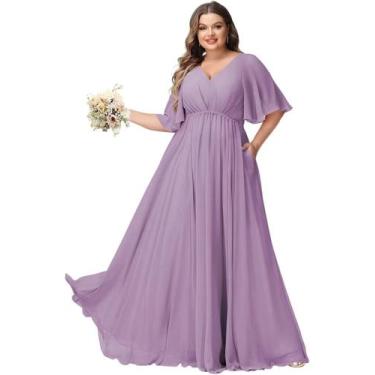 Imagem de Vestido de dama de honra YMSHA A Line com decote em V, chiffon, roxo e