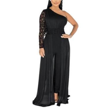 Imagem de Macacão feminino chicyes de renda de manga comprida plus size preto