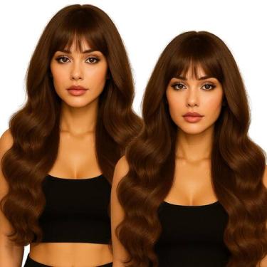 Imagem de Peruca Longa com Ajuste Ondulada com Franja Castanho Natural Wig - May