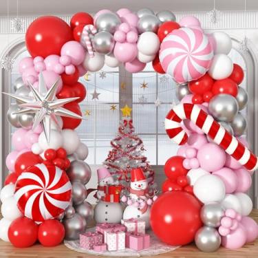 Imagem de Froova Pink Christmas Balloon Garland Arch Kit, 127Pcs Light Pink and Red Silver Balloon with Candy Cane Star Foil Balloons for Christmas Winter Holiday Girls Baby Shower Birthday Party Decorations