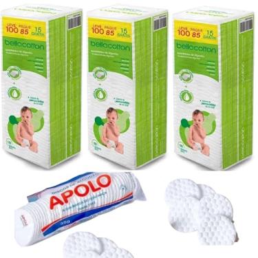 Imagem de Algodão Quadrado para Bebê, kit Bellacotton 300 Unidades, 3 Pacotes, Hipoalergênico, Sem Perfume, 10x9cm mais Discos de Algodão Apolo 35 g Ziplock