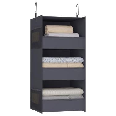 Imagem de Bosuelife Organizador e armazenamento de armário suspenso com 3 prateleiras, prateleiras dobráveis para armário com design de lábio frontal, lavável para pendurar, cinza escuro