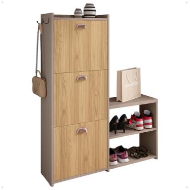 Imagem de Sapateira Vertical 3 Gavetas Banco Prateleira Sapatos Gancho Bolsa Hall Entrada Quarto Dakota - Fendi/Hanover - Rpm