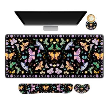 Imagem de ARTSO Conjunto de tapete de mesa, mouse pad estendido borboleta preta para jogos com suporte para descanso de pulso + descanso de pulso para teclado + porta-copos para mouse, mouse pad grande e fofo