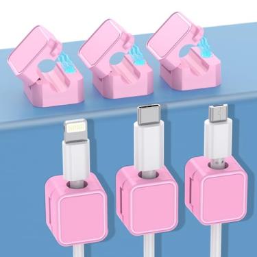 Imagem de Pacote com 6 clipes magnéticos para cabos, clipes ajustáveis com adesivo forte para mesa, parede, carro, mesa de cabeceira – organizador de cabos para acessórios de telefone e escritório em casa (rosa
