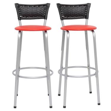 Imagem de Banqueta Altas Junco Preto Estrutura Prata 70cm Para Balcão Cozinha, Bar, Bistrô, Americano Kit 02 Unidades - Itagold (Assento Vermelho)