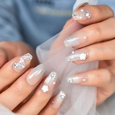 Imagem de 3D Flores Gemas Caixão Imprensa em Unhas Nude Prata Glitter Unhas Falsas Brilhante Cobertura Completa Kit de Unhas Postiças para Mulheres - 24 pçs/conjunto