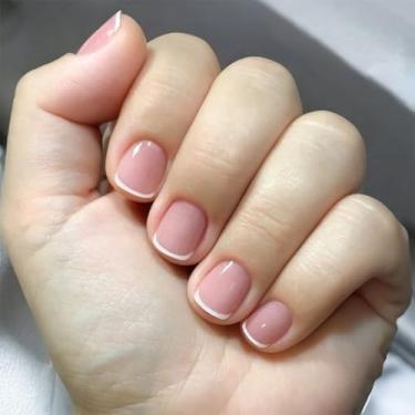 Imagem de Kit de unhas postiças curtas quadradas francesas brancas com design cobertura completa cola em bastão falso artificial em unha acrílica para mulheres, 24 peças