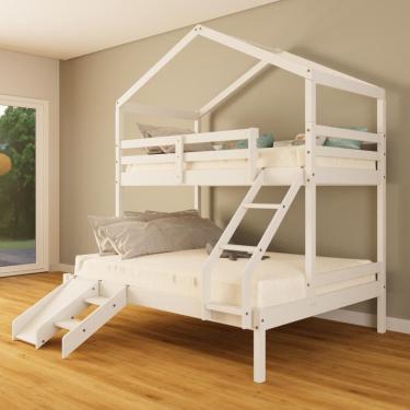 Imagem de Beliche Casal/ Solteiro Casinha com Kit Escada/Escorregador Madeira Maciça Branco Megamobilia