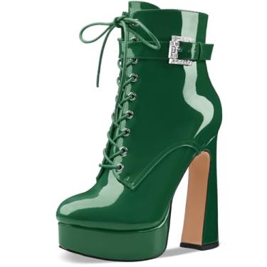 Imagem de Perisis Bota feminina preta de cano curto plataforma com cadarço salto alto grosso fechado bico redondo com zíper lateral e fivela de alça para mulheres sexy e fofas, Patente verde, 41