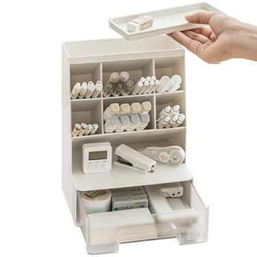 Imagem de TNDCKP Porta-canetas de plástico grande com gaveta e 6 compartimentos verticais, copo de lápis de arte de dupla finalidade para escritório, escola, casa (branco)