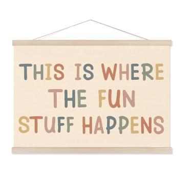 Imagem de CANRONG This Is Where The Fun Stuff Happens Kids Playroom Cabide Frame, Decoração de Sala de Aula, Impressão em Linho com Molduras de Madeira para Quarto de Crianças Sala de Jogos, 30 x 40 cm