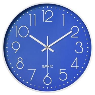 Imagem de Relógio de parede redondo de 30 cm com movimento silencioso de quartzo, números grandes em negrito, design branco + azul, ideal para escritório ou sala de estar