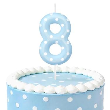 Imagem de Velas de aniversário de bolinhas azuis para bolo, velas número 8, decorações de aniversário, suprimentos de festa, topo de bolo de bolinhas para decoração de festa temática para meninos e meninas