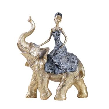 Imagem de Hebdids Estatueta decorativa de elefante com cavaleiro, dourado e azul marinho, padrão de folha tropical, estátua de decoração de casa