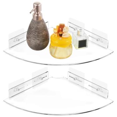 Imagem de Prateleiras de canto transparentes montadas na parede, armazenamento flutuante de acrílico de 2 peças para artigos de higiene pessoal e itens de cozinha