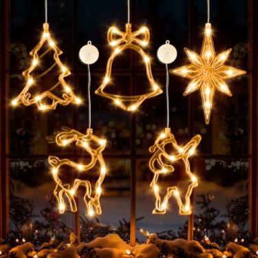 Imagem de 5 peças de luzes de janela de Natal, luzes cintilantes alimentadas por bateria, decorações de Natal internas e externas para decoração de vidro com ventosa e temporizador