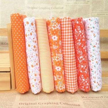 Imagem de 7 peças de tecido de algodão laranja artesanato conjunto quadrados patchwork, DIY costura scrapbooking acolchoado padrão de pontos florais, tecido artesanal e hobby, artesanato e costura 10 x 10 (25