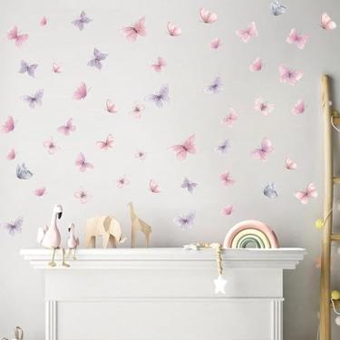 Imagem de Decalques de parede de borboleta - Decalques de parede de arte rosa e roxa removíveis para crianças berçário sala de estar quarto sala de jogos sofá TV decorações de fundo (adesivos de parede roxo