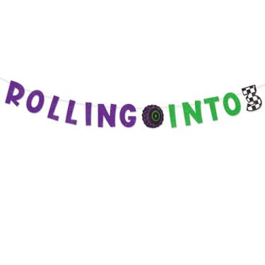 Imagem de SAVITA Rolling Into Birthday Banner, Grinalda Carro Corrida Roxa & Verde com Glitter Decorações Festa de Corrida Legais Montagem DIY Grinalda para Meninos Tema Caminhão Festa (Número 3 Quadriculado)