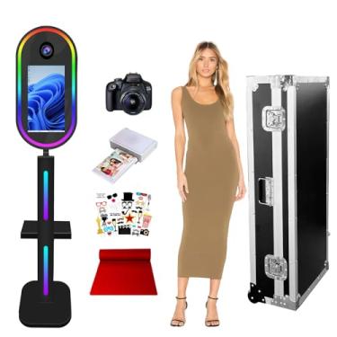 Imagem de Cabine fotográfica oval espelhada, tela sensível ao toque de 15,6 polegadas, máquina de selfie para festas, eventos e aluguel de casamento (preto, cabine fotográfica com impressora e câmera)