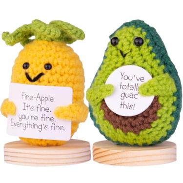 Imagem de CoFuBcad 2PCS Handmade Emotional Support Crochet Fruit Gifts, Cute Knitted Pineapple and Avocado Dolls Front Card Car Decorations with Wooden Base, Birthday Gift Home Decoration