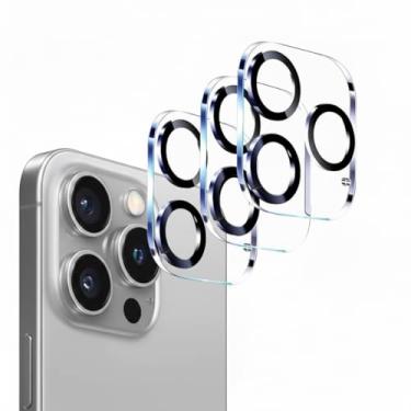 Imagem de Pacote com 3 protetores de lente de câmera para iPhone 15 Pro de 6,1 polegadas e iPhone 15 Pro Max de 6,7 polegadas, vidro temperado 9H, antiarranhões, compatível com capas, não afeta fotos noturnas