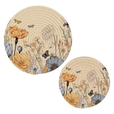 Imagem de Blueangle 2 peças de porta-panelas coloridas de flores silvestres - conjunto de pegadores de panela de tecido redondo - almofadas quentes trançadas de algodão - porta-copos - tapetes de mesa para