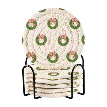 Imagem de Blueangle Porta-copos de guirlanda de Natal de 6 peças - tecido redondo super absorvente para proteção de mesa e decoração de casa (492)