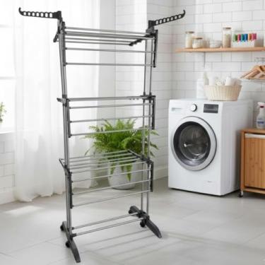 Imagem de Varal Doméstico 3 Andares com Rodas, Dobrável, Portátil, Cinza, Aço Inox, 170x70x65cm, Capacidade 48kg, 6 Prateleiras Reguláveis
